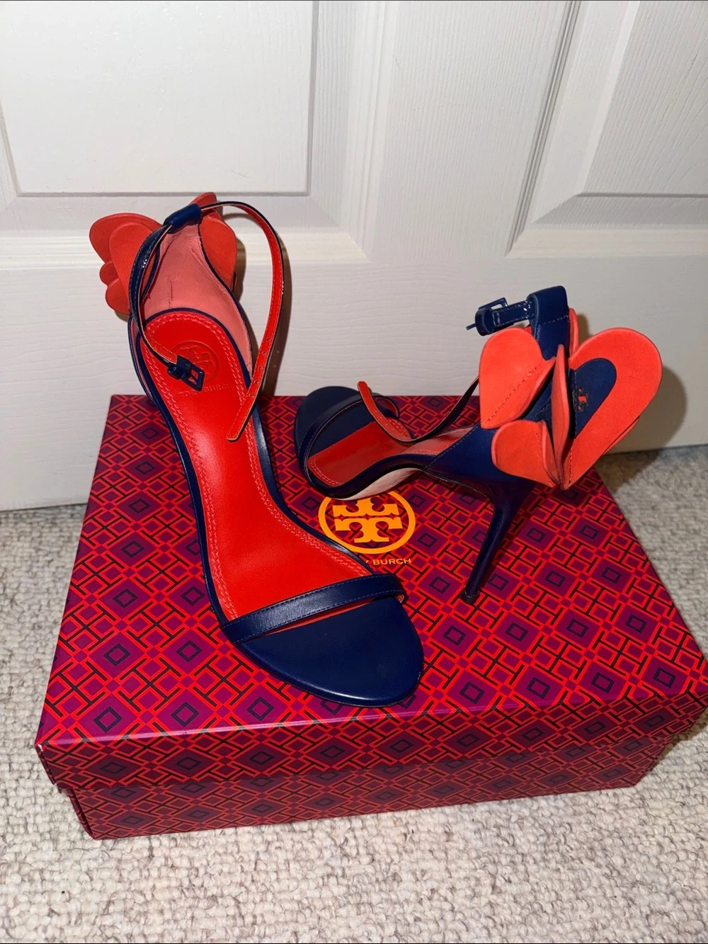 Tory Burch Navy and Red Heart-Back Ankle-Strap Heels